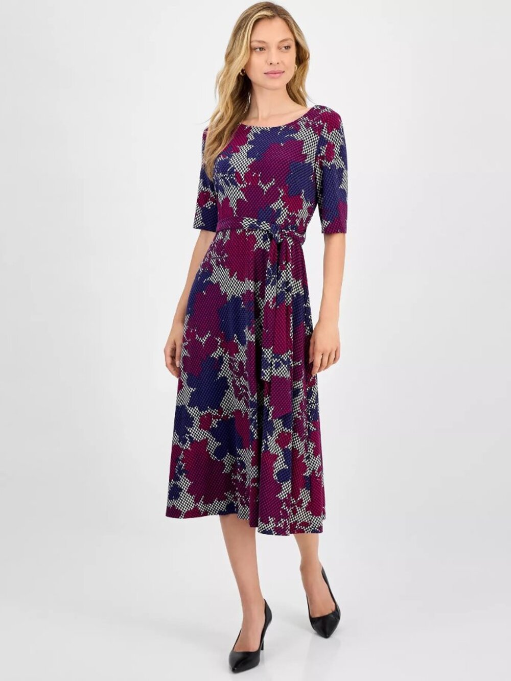Kasper Women's Printed Tie-Waist Elbow-Sleeve Midi Dress Vanilla Ice Size 16